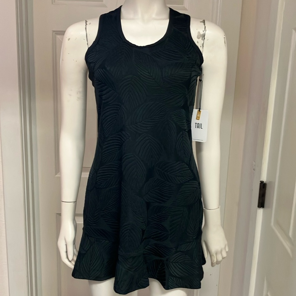Tail Black Textured Leaf-Pattern Mini Dress